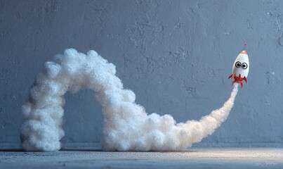 A cartoon rocket launches, leaving a trail of stylized smoke