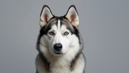 Blue-eyed Siberian husky standing and gazing forward