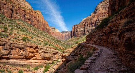 A scenic view of a hiking trail winding through a canyon with reddish rock formations under a blue sky.