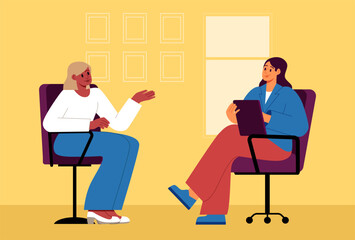 Psychotherapy Session. Female Patient Talking to Psychologist. Mental Health Concept. Flat Vector Illustration.