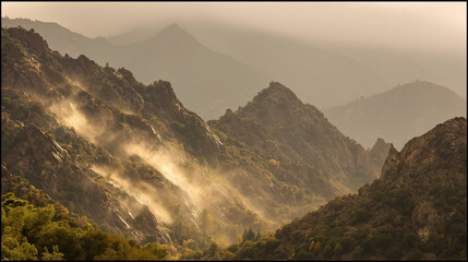 echoing. Sound waves echoing between canyon walls in a misty valley, wide landscape view. travel magazines, destination branding, designed for outdoor magazines and nature guides.