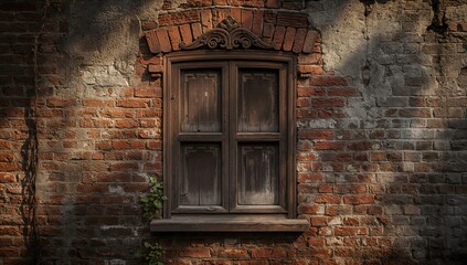 Old wooden window set in a brick wall backdrop