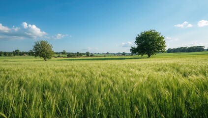 Fototapeta premium Rural landscape featuring golden wheat crops