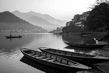 Fototapeta premium Fishermen navigate calm river waters on traditional boats at sunrise