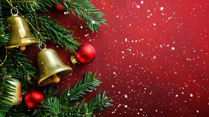 Elegant High-Resolution Christmas Bell Pine Branch Christmas Background – Ideal for Christmas Greeting Cards, Home Decor Prints, Store Window Displays & Social Media Covers. Features Shiny Metallic 