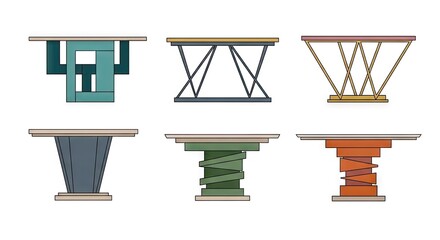Isometric View of Six Table Designs with Varied Support Structures Against White Background