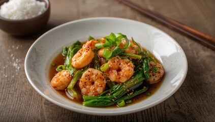 Fototapeta premium Chinese-style stir-fried bok choy with shrimp
