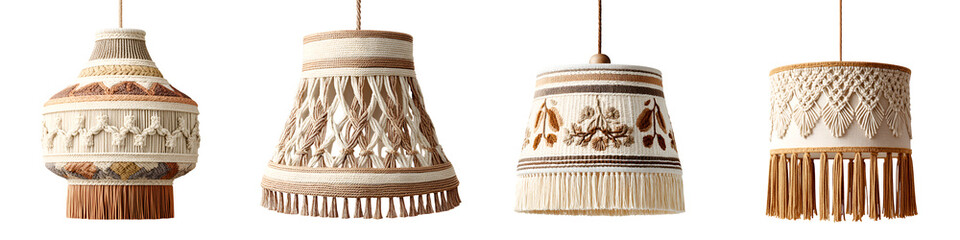 Boho Chic Macrame Lamp Shades - Neutral Tones, Isolated