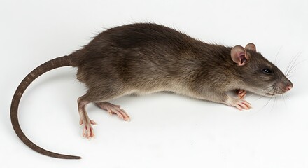 A close-up shot of a brown rat lying on a white surface, showcasing its fur and tail