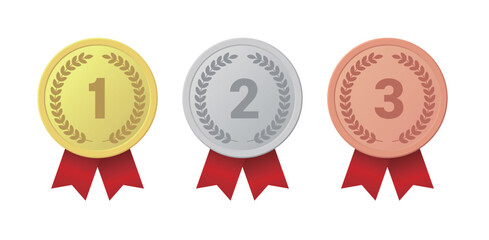 A set of 1st, 2nd, and 3rd place (gold, silver, and bronze) award medals. Symbolizing achievement, success, ranking, and competition. Perfect for sports, awards ceremonies, or business graphics.