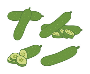 A clean, flat vector set of fresh cucumbers, whole or in various slices. Ideal for healthy eating, dieting, vegetables, cooking, organic produce, and summer recipes.
