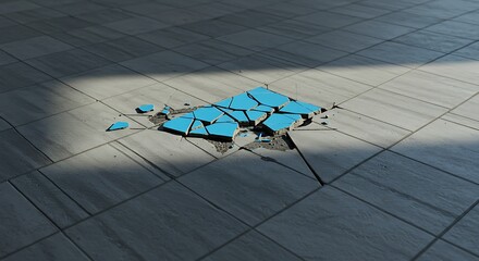 A broken section of turquoise tiles on a grid pattern floor, light and shadows present