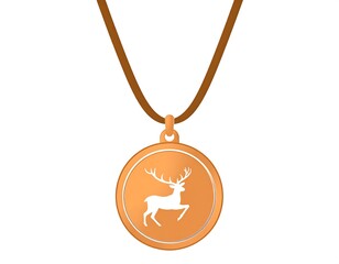 A bronze circular pendant depicting a deer silhouette, suspended by a brown cord