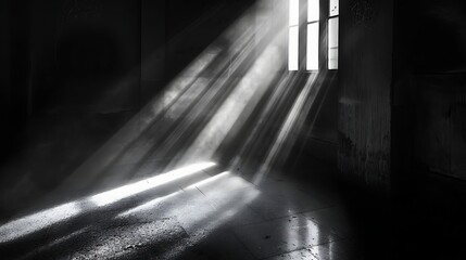 Sunlight streaming through old window into dark empty room, atmospheric black and white light rays interior scene