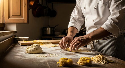 A chef is making pasta from scratch on a wooden counter in the kitchen. The flour is on the table with the dough.