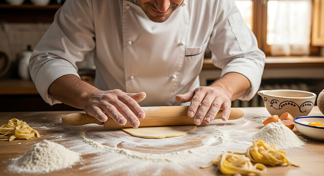 A chef in a white uniform uses a rolling pin to flatten dough, with ingredients around him on a light brown table.