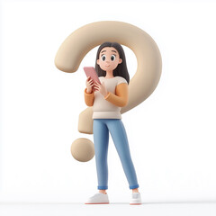 3D character of a young woman standing, holding a smartphone. She does not know what to do. Around her big question mark
