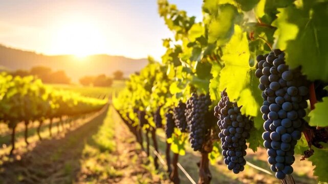 Vineyard Rows With Ripe Grapes At Golden Hour Sunset With Warm Light Filtering Through Leaves