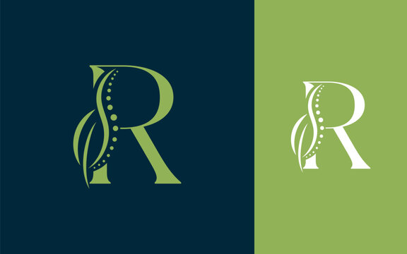 Abstract Initial letter R with chiropractic or spinal backbone logo design vector illustration