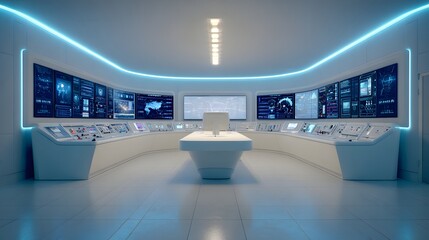 Futuristic command center glows with blue neon accent lighting illuminating numerous display panels