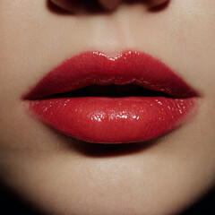 Close-up of female lips with one side matte and the other glossy. Symbolic beauty concept showing texture contrast in modern fashion photography.