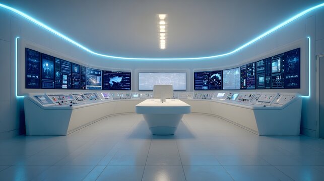 Futuristic command center glows with blue neon accent lighting illuminating numerous display panels - Powered by Adobe