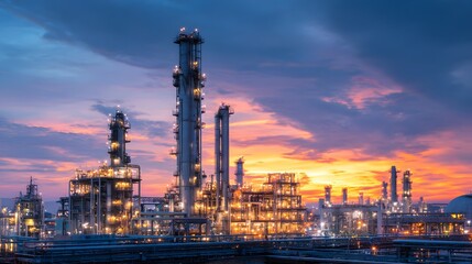 Fototapeta premium Massive industrial complex operations glow under a dramatic twilight sky