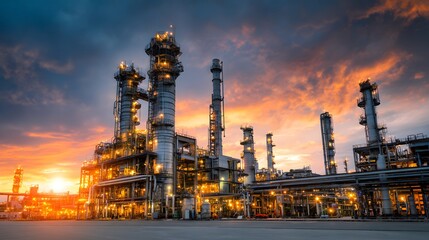 Obraz premium Industrial processing towers illuminate dramatically against a vibrant twilight sky.