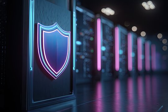 Server rack with neon shield.  Dark futuristic