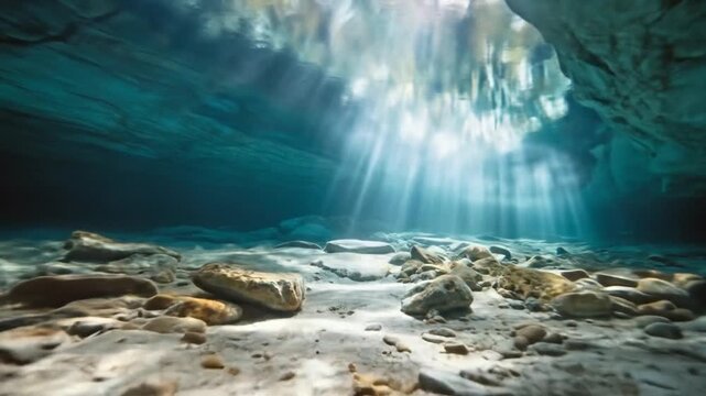 Serene underwater scene showcasing sunlight filtering through water, illuminating rocky bottom in a tranquil cave-like environment, ideal for nature and exploration themes