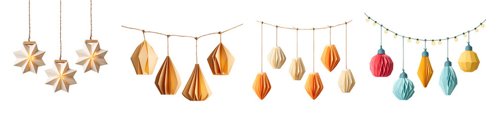 Hanging Christmas Paper Decorations on White Background