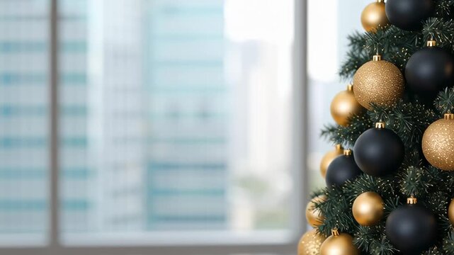 Office, christmas, party, elegant decorated tree with black and gold ornaments.