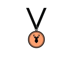A bronze-colored medal with a deer head silhouette, black ribbon, and white background