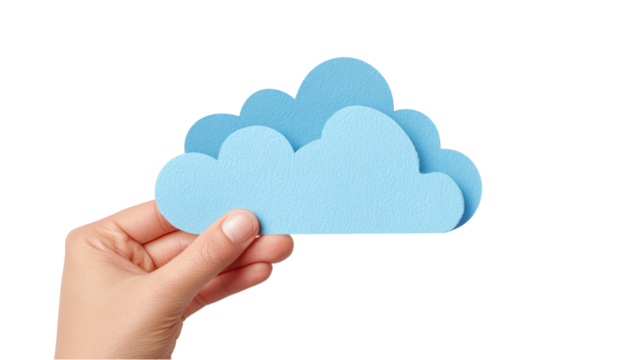 Hand Holding Blue Cloud Cutout on White - Powered by Adobe