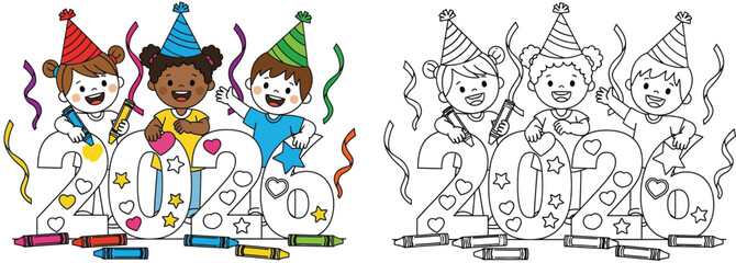 Fototapeta premium Happy Kids Celebrating New Year 2024 Coloring Page Illustration with Crayons and Confetti