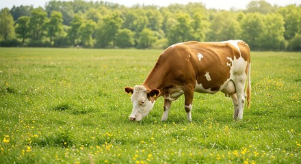 A brown and white cow grazes peacefully in a vibrant green meadow under a bright, sunny sky
