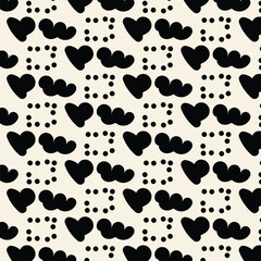Romantic seamless pattern with black hearts and dots on beige background. Modern minimalist vector print for fashion, wrapping, or interior design