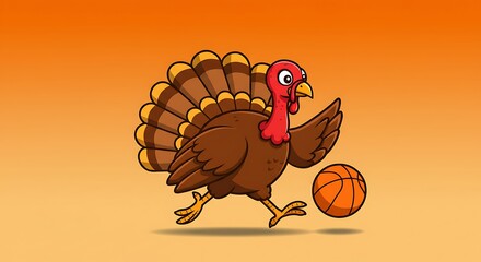 A cartoon turkey with basketball dribbling towards viewer, against gradient orange background