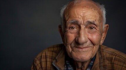 Elderly man portrait smiling with wrinkles, authentic senior face close up in natural light