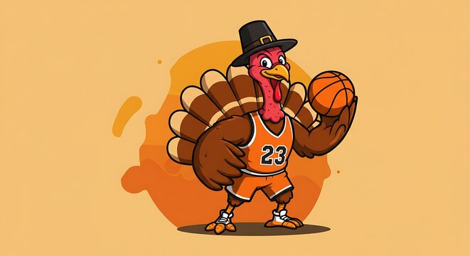 A cartoon turkey wearing a basketball jersey and pilgrim hat, holding a basketball