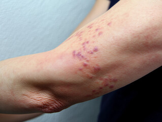 Close-up of arm with skin condition showing red spots and lesions  