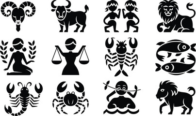 Obraz premium Twelve Black Zodiac Constellation Symbols on White Background astrology horoscope