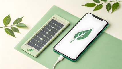 Green tech concept: solar power bank next to smartphone on recycled paper background, leaf icon on screen, soft green and white palette &ndash; clean copy space