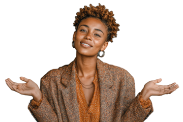Woman with curly hair wearing a gray blazer smiling and gesturing with open hands, expressing joy and vibrance, captured against a transparent background