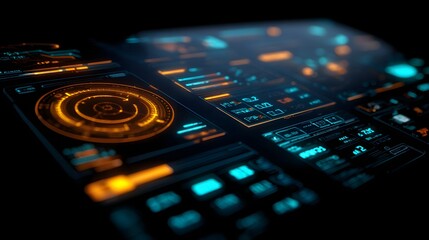 Futuristic digital interface displays glowing data points and circular gauges in low light
