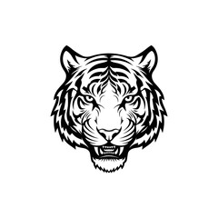 Fierce tiger head mascot vector illustration in black and white.