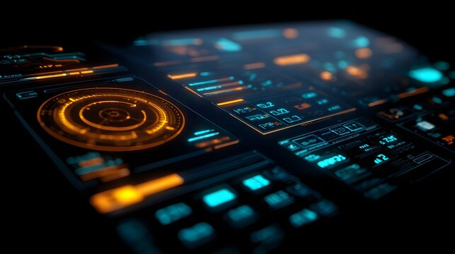 Futuristic digital interface displays glowing data points and circular gauges in low light