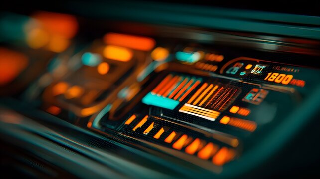 Illuminated futuristic control panel displays glowing digital data and indicators - Powered by Adobe