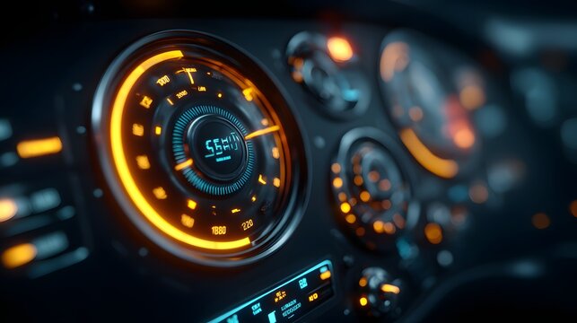 Illuminated dashboard instrumentation displays speed and system status in a dark, futuristic environment