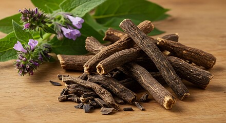 A close-up shot of licorice sticks and purple flowers with green leaves on wooden surface